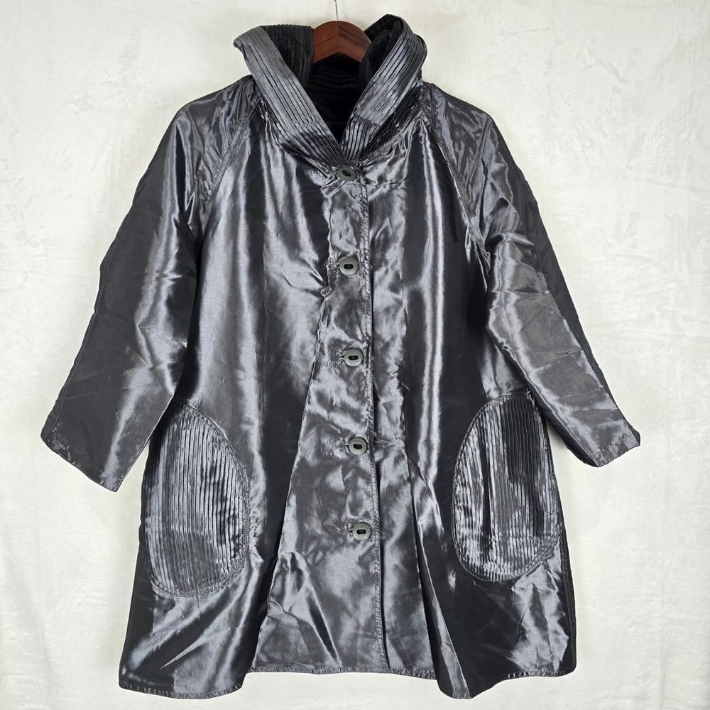 Ubu Reversible Rain Jacket Womens PL Grey Black Pleated Portrait Collar P60376